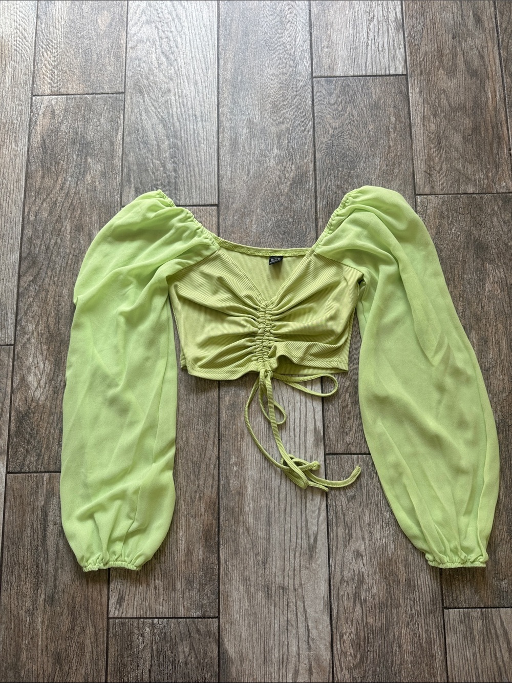 Lime Green Ruched Crop Top with Sheer Balloon Sleeves